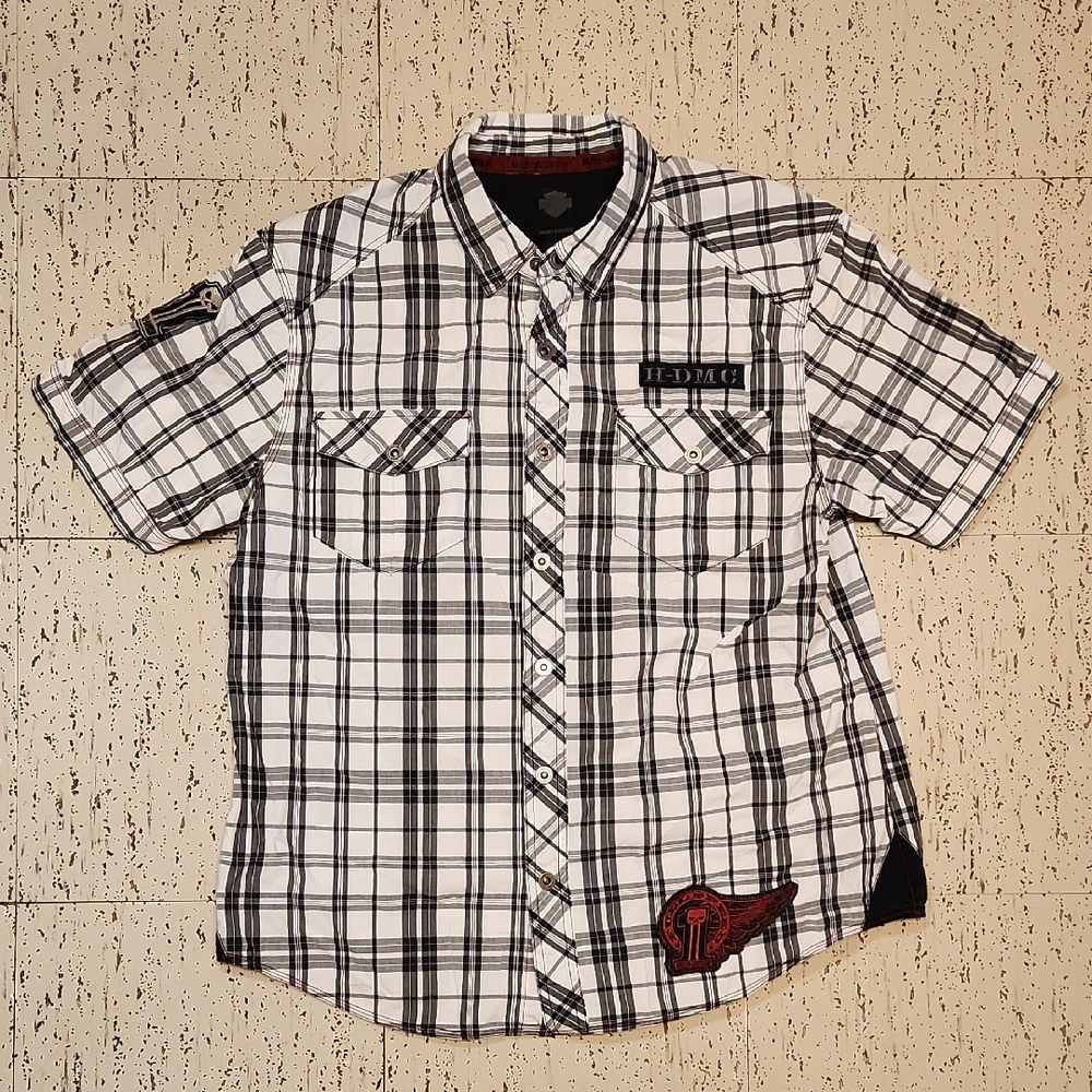 Harley Davidson Flannel Button Down Short Sleeve Patch Work Casual Shirt
